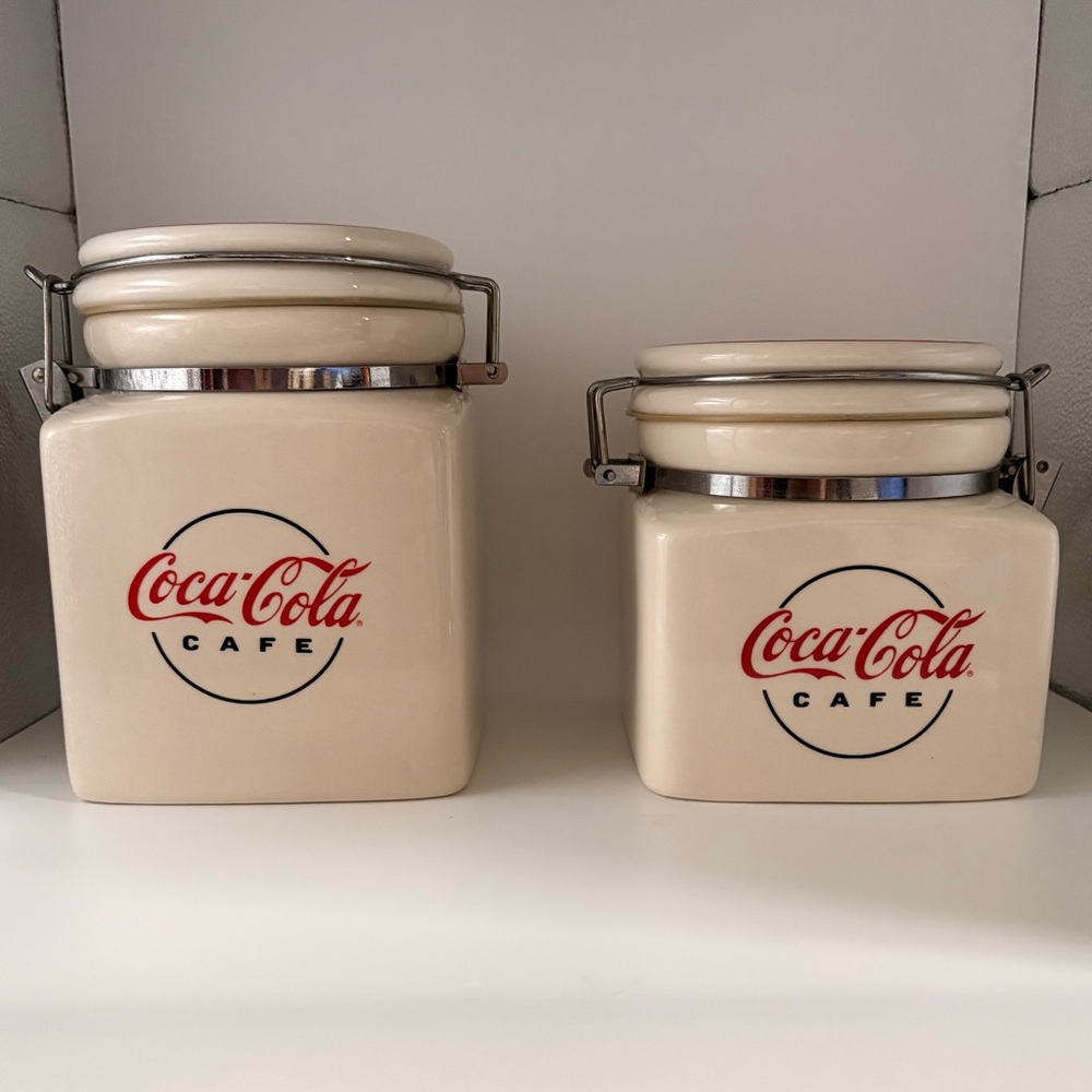 Vintage Gibson Coca-Cola Cafe Ceramic Storage Canisters With Metal Locking Lids